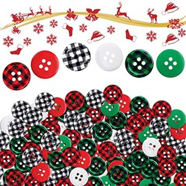 PAGOW 210Pcs Valentine's Day Wooden Buttons, Buffalo Plaid Round Black Red White Green Buttons, 4 Holes Plaid Craft Buttons Bulk for Sewing DIY Decorations