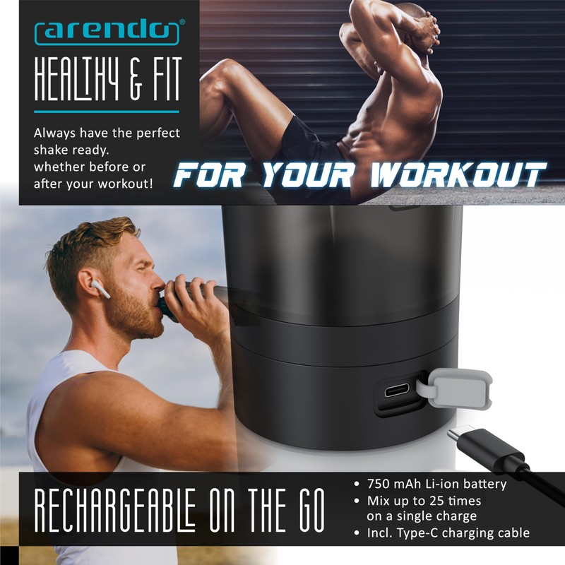 arendo Electric Protein Shaker Bottle, 700ml, 25 Mixing Cycles per