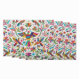 Zaueky Floral and Birds Place Mat Set of 4 Colorful Mexican Traditional Textile Embroidery Style Cotton Linen Placemats Non-Slip Washable Table Mats 12X18 Inches