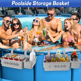 2 Pack Poolside Storage Basket, Above Ground Pool Accessories, Poolside Storage Basket with Cup Holder Hooks, Swimming Pool Storage Basket with Filter Ball, Pool Storage Bin for Most Above Pool, Grey