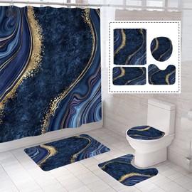 BEIFIVCL 4Pcs Luxury Marble Shower Curtain Sets, Bathroom Set with Curtain,Toilet Lid Rug, Contour Mat and Bath Mat, 12 Hooks for Sets Decor 72 x Inch, Navy Blue