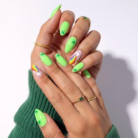 Press on Nails Green Almond Shape St Patricks Day Shamrock Clover Rainbow Clouds Designs Short to Medium Length Glossy Fake Nails Reusable Stick on Nail for Women 24 Pcs WYFHDT