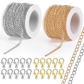 GOTDYBST 2 Pieces 10 m Link Chain Sold by the Metre, Link Chain Includes 20 Lobster Clasps, Chains Crafts, Not Easy to Fade, Chain for Jewellery DIY (Gold and Silver)