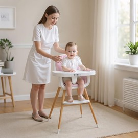 Babilous Baby High Chair, Wooden Highchair with Removable Tray, Adjustable Legs, Cushion, 5-Point Harness and Footrest for Infants, Baby, Toddlers, Pink