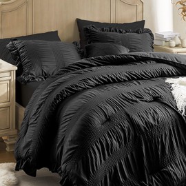 QUIETSEA Full Comforter Set Seersucker 7 Pieces Luxury Ruffle Bed in a Bag Full Size for All Season Black Bedding Set with Comforter, Pillowcases, Flat Sheet, Fitted Sheet and Pillow Shams