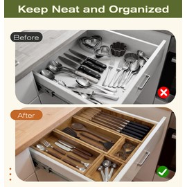 KOCWELL Bamboo Silverware Drawer Organizer with Knife Block, 5 Removable Drawer Organizer Bins - Multi-Use for Kitchen Utensils, Office, Makeup, Tools Storage