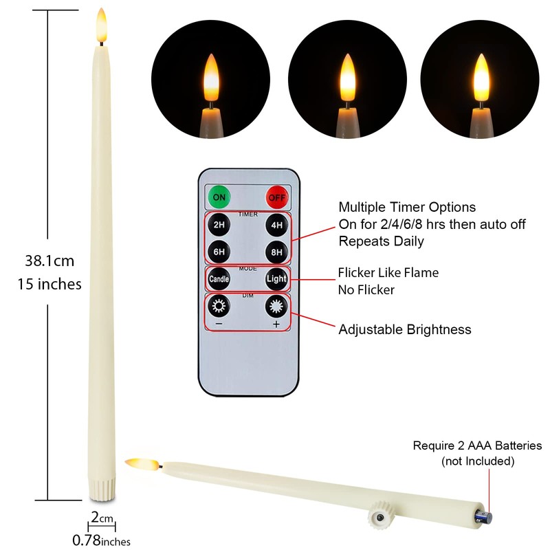 Homemory 15 inches Real Wax Flameless Taper Candles with Remote