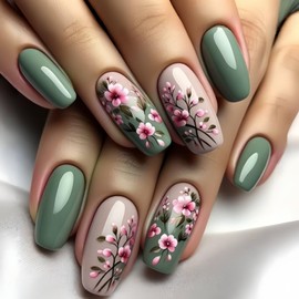 Flower MIXFOSAHN Press on Nails Medium Coffin Fake Nails Green False Nails with Pink Floral Designs Glossy Full Cover Stick on Nails Glue on Nails Flower Nails Acrylic Nails for Women Girls 24 Pcs