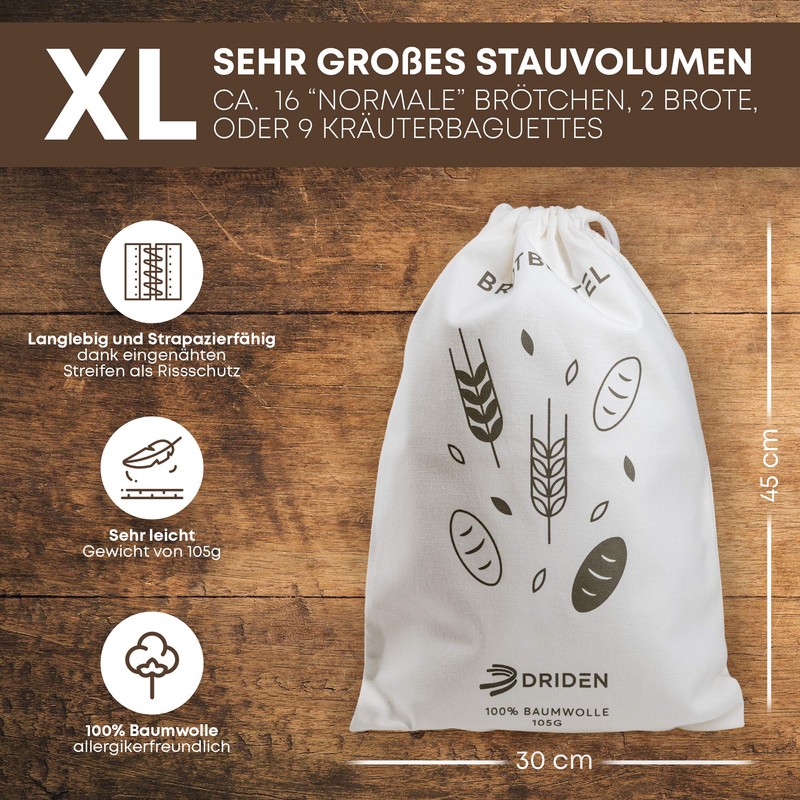 DRIDEN Bread Bags XL [Set of 3] 100% Natural Cotton