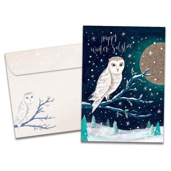 Tree-Free Greetings - Winter Solstice Greeting Cards - Artful Designs - 12 Cards + Matching Envelopes - Made in USA - 100% Recycled Paper - 5"x7" - Solstice Owl (HP60514)