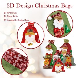 Christmas Gift Bags 6PCS Christmas Bags for Gifts, 3D Design Small Medium Christmas Bags Assorted Sizes, Xmas Christmas Candy Bags with Drawstring Christmas Goodie Bags for Kids Christmas Treat Bags