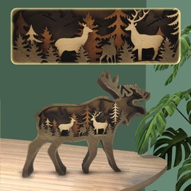 Drawelry 3D Forest Animal Wood Craft Wooden Craft Forest Animals Creative Wooden Statue Christmas Wall Hanging Decoration Craft Retro Wooden Sculpture for Office and Home Decoration (Elk)