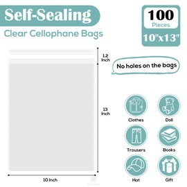 10x13" Clear Self-Sealing Cellophane Bags – Resealable Multipurpose Bags for Clothes, Books, Documents, Plush Toys & Party Favors (Pack of 100)