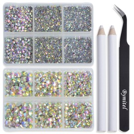 Bymitel Hotfix Crystal Rhinestones Round Gems for Crafts,Mixed 6 Sizes with Wax Pencil Kit, Crystal AB 1.6-6.3mm SS4-SS30/8000pcs