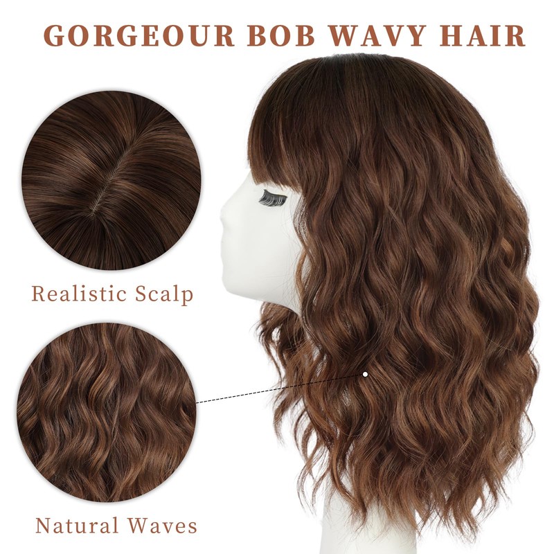 Lativ Brown Highlight Wigs for Women Short Wavy Curly Bob