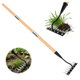 ATLRGISL Iron Weeding Rake with Wooden Long Handle 2.0, 8 Teeth Weed Puller Tool Heavy Duty, Manual Gardenia Weed Rake Tool for Yard, Lawn and Garden, 56Inch