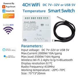LETLINK 4-Channel 7-32V or USB 5V Tuya App WiFi Smart Temperature Relay Switch,Dry Contact App Remote,Compatible with Alexa Google Home (4CH 7-32V)