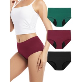TIICHOO High Waist Period Underwear for Women Heavy Flow Soft Absorbent Leak Proof Period Panties Pack of 3 (4X-Large, Black/Burgundy/Green)