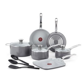 T-fal Fresh Gourmet Recycled Ceramic Non Stick Cookware Set 12 Piece, Oven Broiler Safe 500F, Lid Safe 350F, Kitchen Cooking Set W/Fry Pans, Saucepans, Dutch Oven, Utensils, Pots and Pans Set, Grey