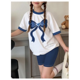 RoseSeek Girl's 2 Piece Cute Summer Outfits Denim Bowknot Embroidery T Shirt and Biker Shorts Clothing Set White 12Y