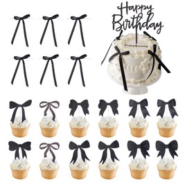 NICENEEDED 19 PCS Bow Cupcake Toppers, Birthday Bowknot Ribbons, Coquette Black Bow Wedding Party Supplies