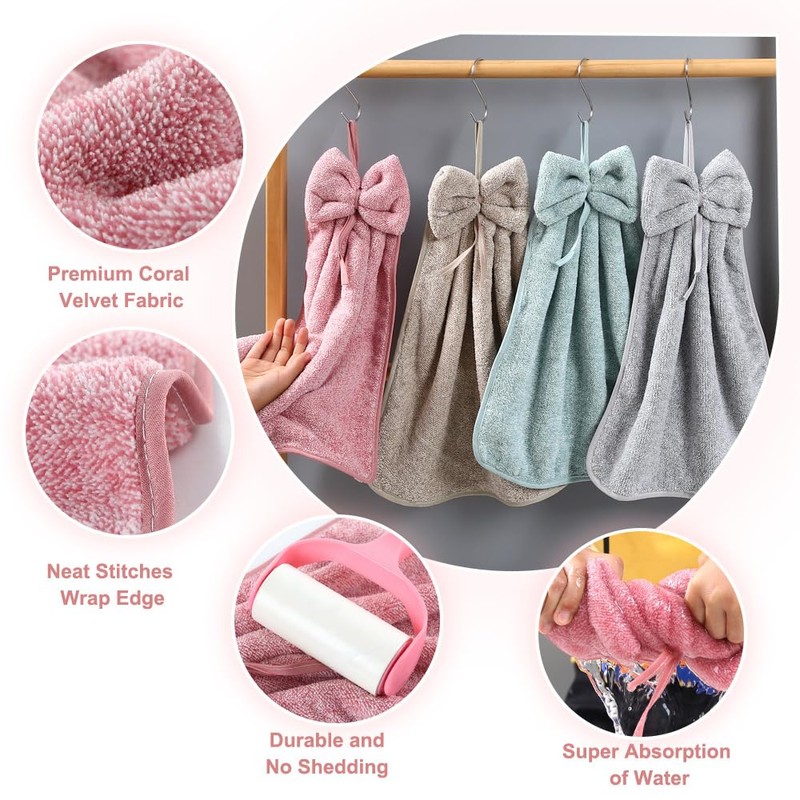 4Pcs Bowknot Hanging Hand Dry Towels, Microfiber Coral Velvet Hand