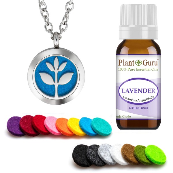 Plant Guru Essential Oil Diffuser Necklace Set Kit With Lavender 10 ml, 25mm Stainless Steel Locket Pendant with 24" Adjustable Chain, 15 Washable Refill Felt Pads. Aromatherapy Jewelry