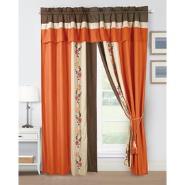Chezmoi Collection Serene 4-Piece Luxury Orange/Brown/Taupe Autumn Floral Embroidery Window Curtain Panel Set with Sheer Backing Valance Tassels, 120 inch x 84 inch