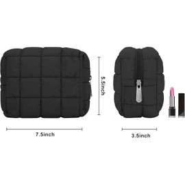 E-Tree Bonita Bolsa de Maquillaje, Bolsa de Cosméticos Acolchada, Neceser Portátil, Bolsa de Aseo Con Cierre, Bolsa A Cuadros, Funda de Viaje, Bolsas de Almacenamiento(Negro)