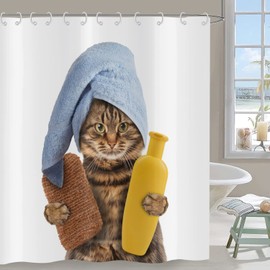 Hnmdmyi Funny Cat Shower Curtain, 180 x 180 cm, Cute Brown Kitten with Bath Sponge, Shampoo and Blue Towel, Bath Curtain, Children's Cartoon, Waterproof, Polyester Fabric, Washable Bath Curtain