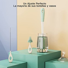Juego de Cepillo para Biberones de Silicona, Cepillo Biberones de Limpieza de Desmontable 4 en 1, Cepillo para Bebe de Pezones, Limpieza de Todo Tipo de Botellas Chupete Tapones (Verde)