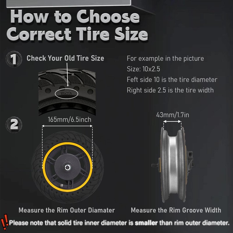 Felixstory 10 inch Solid Rubber Tire, 10X2.5, 60/70-6.5 Tubeless Tyre