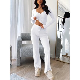 REVETRO Lounge Sets For Women 2 Piece Pajama Set Outfits Long Sleeve Shirts GYM Yoga Pants Workout Sets PJ Set White L