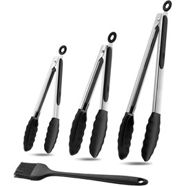 3 Pinzas de Cocina, Pinzas de Silicona para Cocina de 7''/9''/12'', con Seguro y Cepillo para Parrilla. Resistentes al Calor Hasta 480°F para Cocinar, Servir, Ensalada