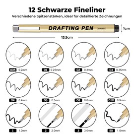 Barlone 12 Fineliner Black Pens Set, Calligraphy Pens, Black Fineliner, Waterproof Drawing Pencils, Thick and Thin, Ink Pens for Illustrations, Sketching, Technical Drawing