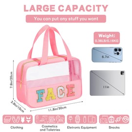 Pilipane Chenille Letter Clear Zipper Flat Pouch, Transparent Waterproof Stuff Cosmetic Bags,Cosmetic Toiletry Storage Bag with Zipper Toiletry Bag with Preppy Patch for Women, Travel, Gym, Beach