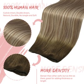 Fshine Mechones de Pelo Humano Tejido 20 Pulgadas 60g Balayage Castaño Oscuro Mezclado Castaño Ceniza y Rubio Claro Extensiones Mechones de Pelo Liso Genie Extensiones Color 3 8 22
