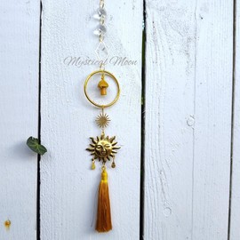 Golden Tassel Suncatcher Celestial Sun Hanging Ornament with Gemstone Mushroom Geometric Light Catcher Rainbow Maker Caster Window Wall Decor Boho Bohemian Home Accessory Cottage Fairy Gift for Her