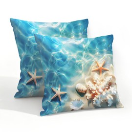 Summer Sea Beach Starfish Seashell Outdoor Waterproof Throw Pillow Covers Set of 2 Decorative Square Pillow Case 20x20 in Farmhouse Cushion Cases Pillowcase for Garden Patio