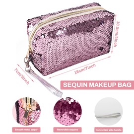 Dtweista Bolsas de cosméticos de viaje con lentejuelas mágicas reversibles, bolsa organizadora de maquillaje con purpurina para mujer, Rosado