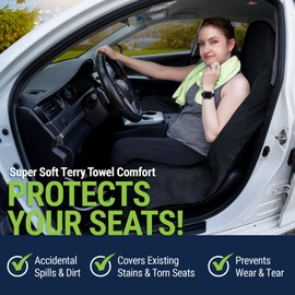 Season Guard Terry Cloth Sweat Towel Seat Cover; Carseat Towel Protector; Great for Gym Workout; Waterproof; Universal Fit for Car SUV Van Truck; EZ fit; Non Slip Grip; Machine Washable; 2pc Black