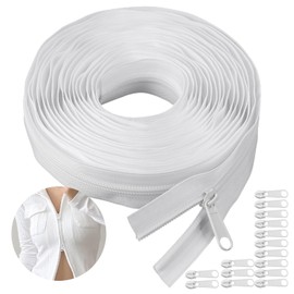 Endless Zip with Zip for Bed Linen, 5 mm, 5 m Zip, Sold by the Metre with 15 Metal Sliders, Nylon Endless Zip with Zip, White, for Bag, Clothing, Bed Linen