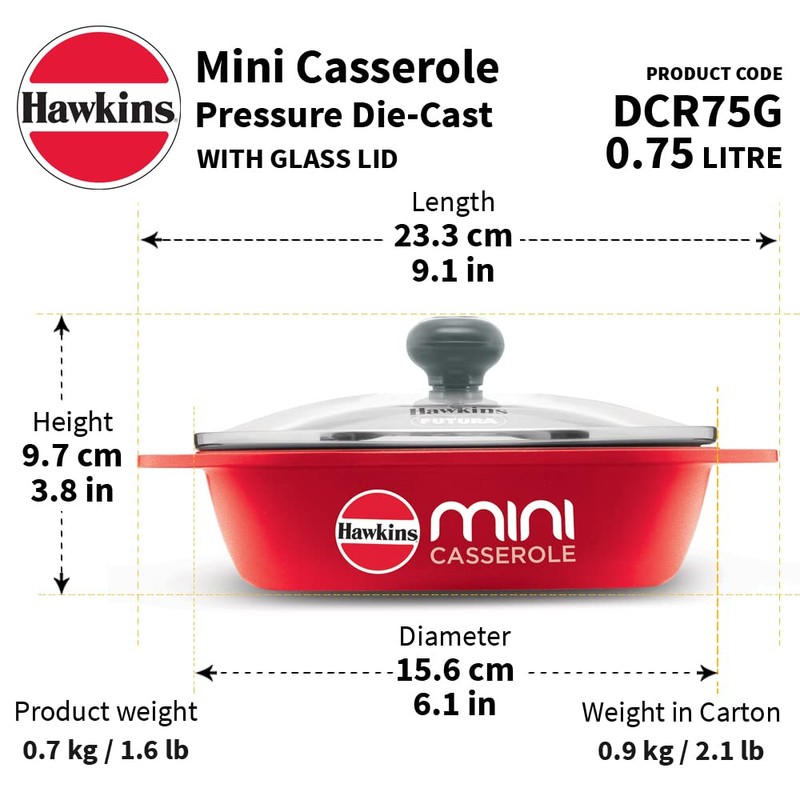 Hawkins 0.75 Litre Mini Casserole with Glass Lid, Oval Shaped