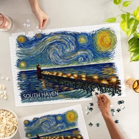 Lantern Press 1000 Piece Jigsaw Puzzle, South Haven, Michigan, South Pier Lighthouse, Starry Night