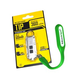 Nitecore TIP 360 lumen USB rechargeable keychain flashlight Silver color body with EdisonBright brand USB powered reading light