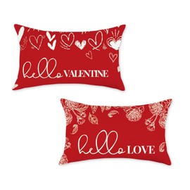 ONWAY Valentine's Day Throw Pillow Covers 12x20 Set of 2 Farmhouse Hello Valentines Heart Rose Decorations Outdoor Red Patio Cushion Cover for Sofa Couch Home Bed