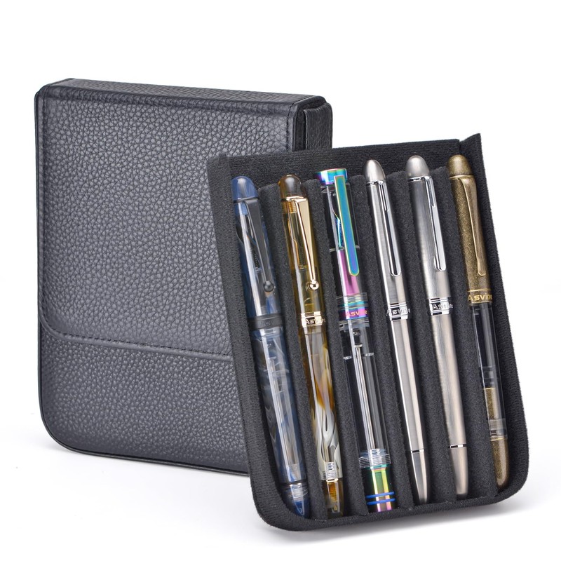 Lanxivi Genuine Leather Fountain Pen Case 6 Slot Black Leather