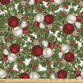 Ambesonne Christmas Fabric by The Yard, Pine Fir Cones Balls and Coniferous Tree Leaves Holly Berry Old Fashioned, Decorative Fabric for Upholstery and Home Accents, 2 Yards, Grey Green