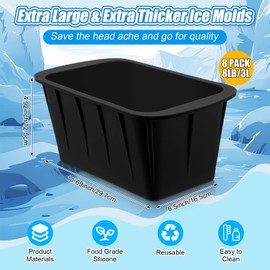 Tioncy 8 Pcs Extra Large Ice Block Molds 8 lb Reusable Ice Molds Giant Silicone Ice Tray for Ice Baths Coolers Plunge Accessories, Black