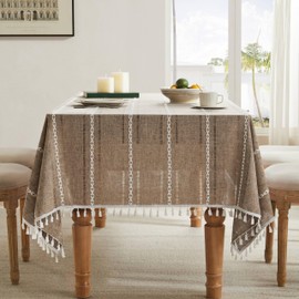 ZeeMart Hemstitched Embroidery Striped Boho Tablecloth 60x120 Inch Cocoa Brown, Heavy Weight Farmhouse Burlap Linen Brown Tablecloth, Wrinkle Resistant Washable Table Cloth for Rectangle Table